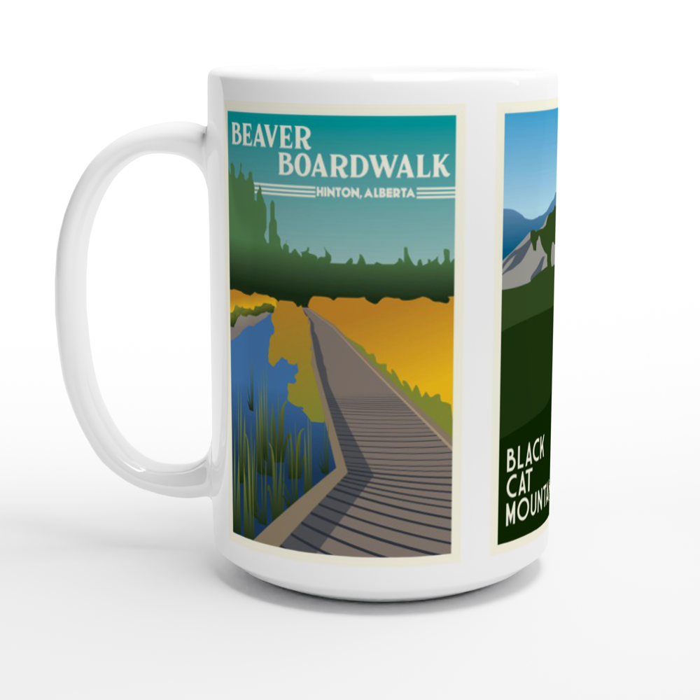 Beaver Boardwalk, Black Cat Mountain, and Roche Miette White 15oz Ceramic Mug